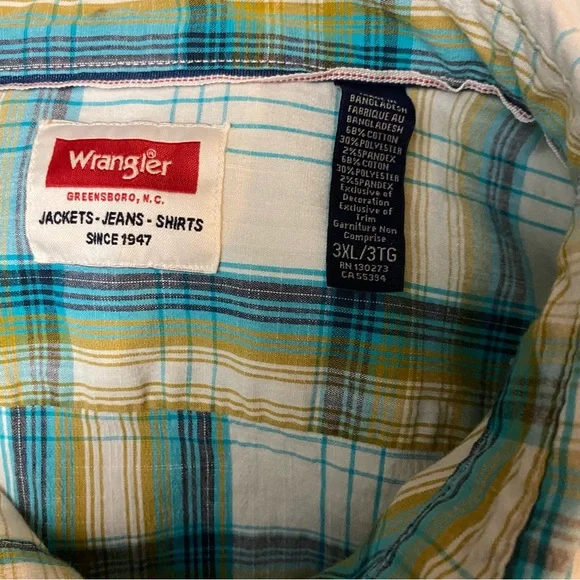 Wrangler Size 3XL Teal Navy White Plaid Western Workshirt - Picture 5 of 7